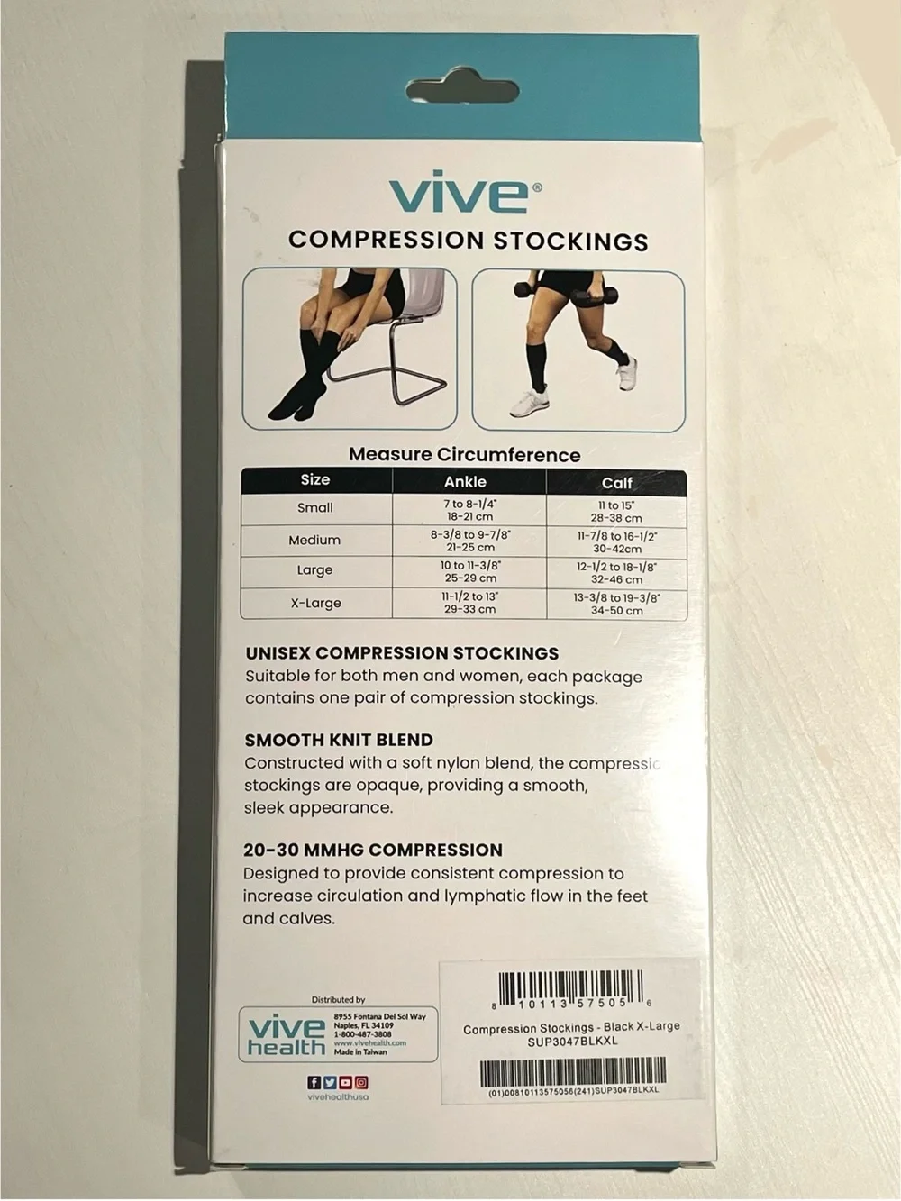 VIVE Compression Knee-High Stockings (20-30 mmHg) Black, XL